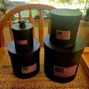 Set of Dark Blue Cardboard Shaker or Nesting Boxes Featuring Cloth American Flag